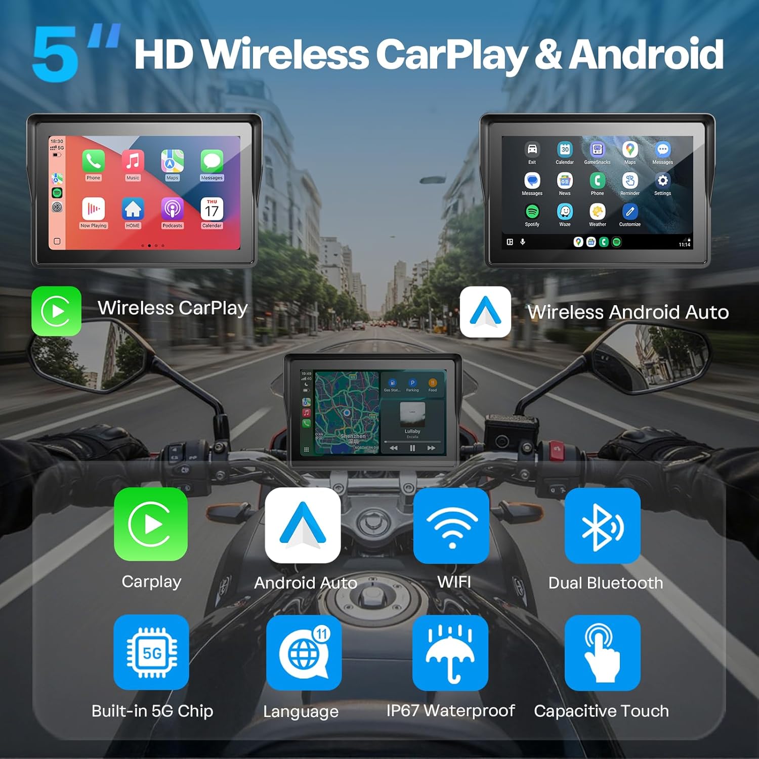5 Inch Motorcycle Navigation Screen with Wireless Phone Projection