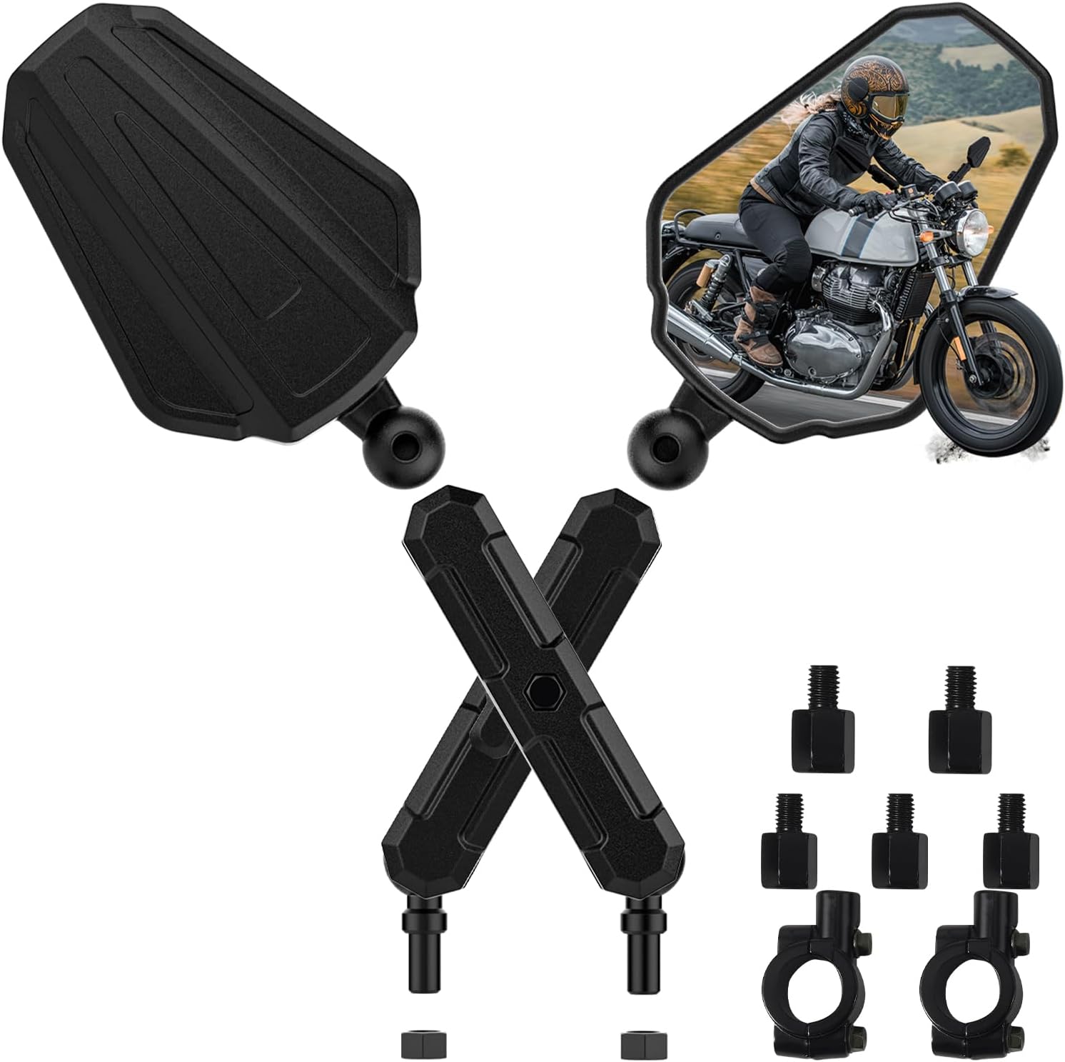 Adventure Motorcycle Mirrors — Ball Head, 8 and 10 mm Screws