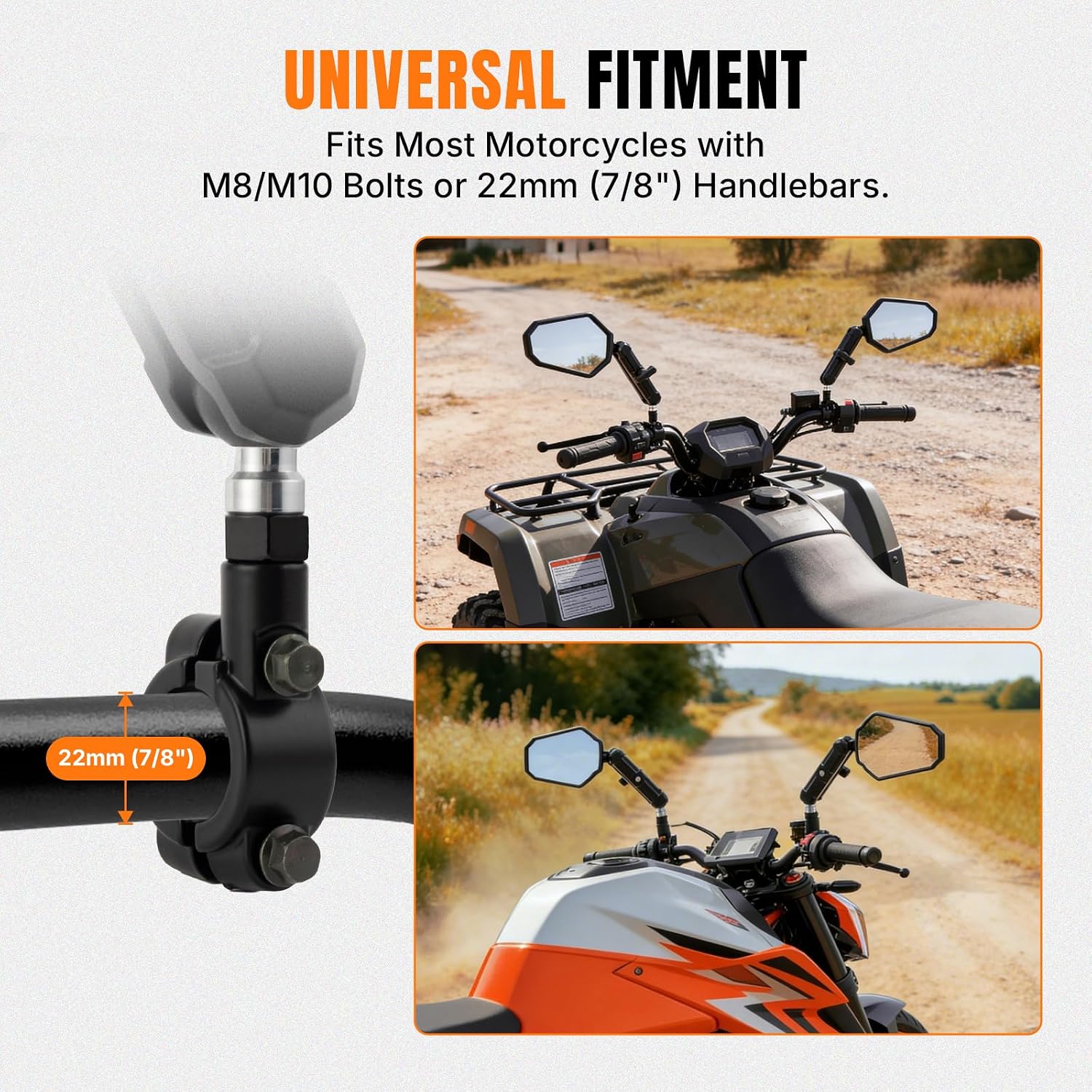 Aluminium Alloy Motorcycle Mirrors — M8 and M10, Pair