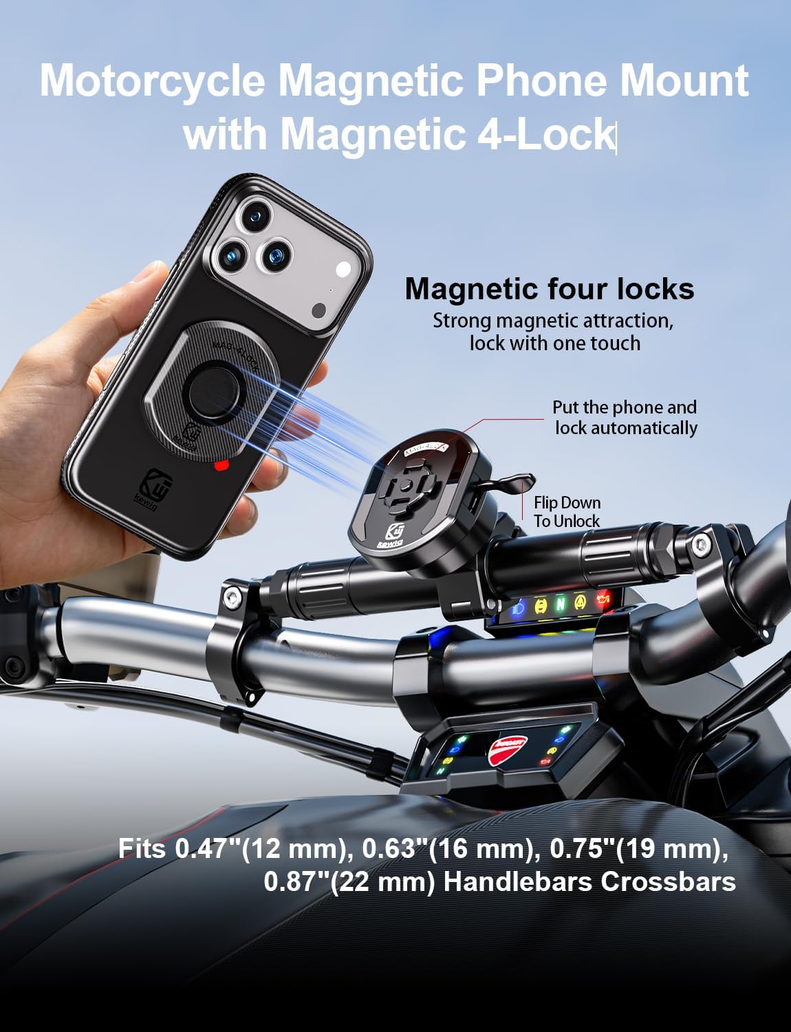 Magnetic Motorcycle Phone Mount with Four-Point Lock and Dampener