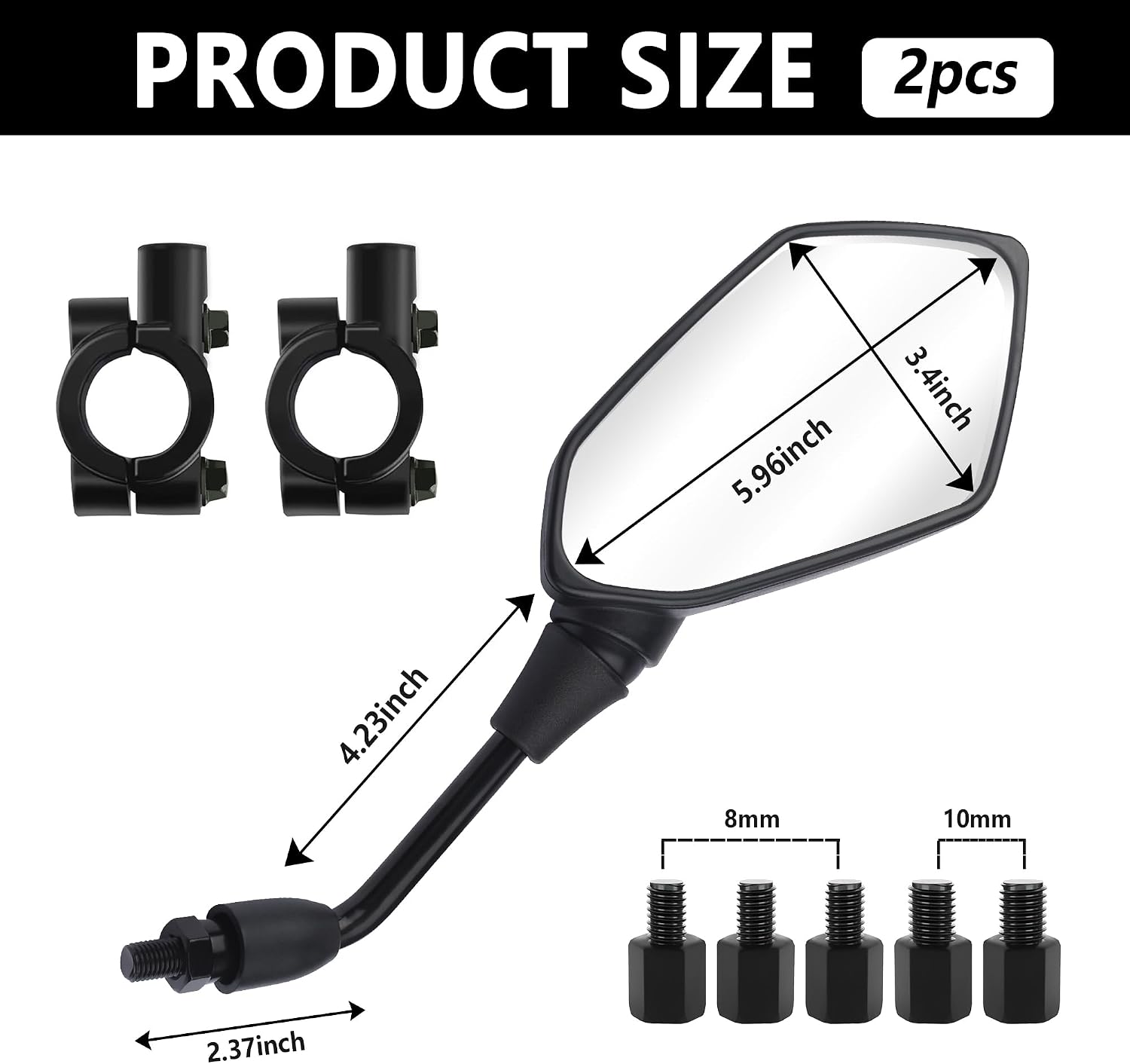 Motorcycle Mirrors with 8 mm and 10 mm Bolts — 2 Pieces, Adjustable