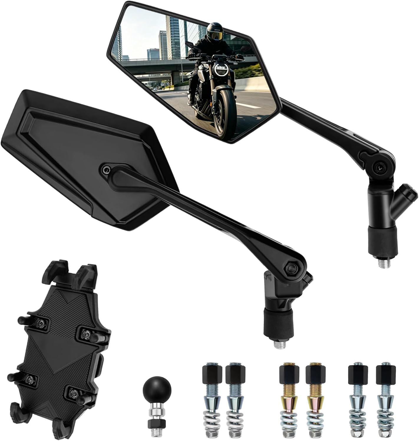 Motorcycle Mirrors with Integrated Phone Mount — Adjustable Pair
