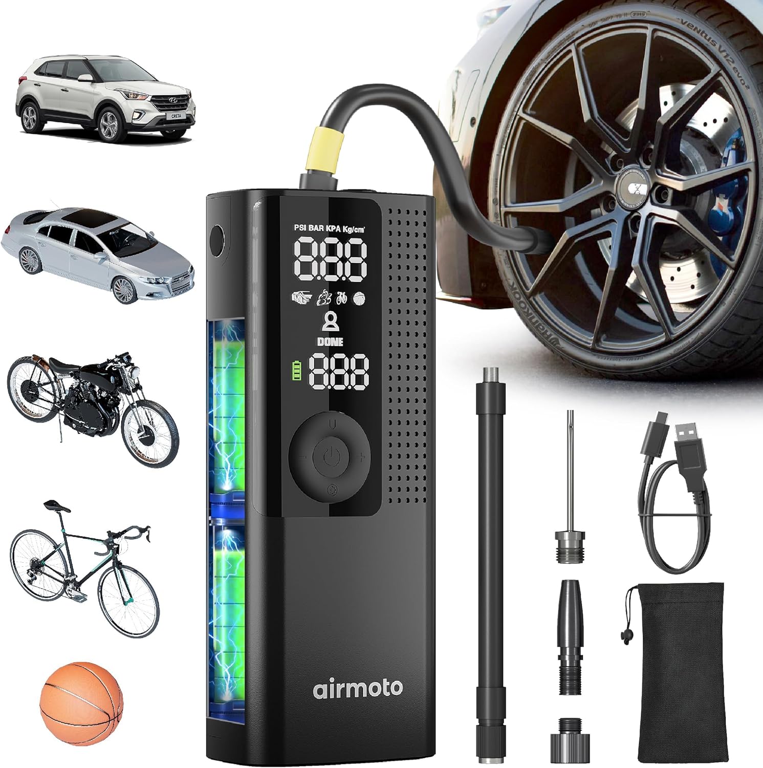 Portable Cordless Tyre Inflator with Digital Pressure Gauge